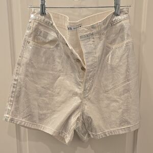 Zara Stylish White And Metallic Denim Women's Shorts